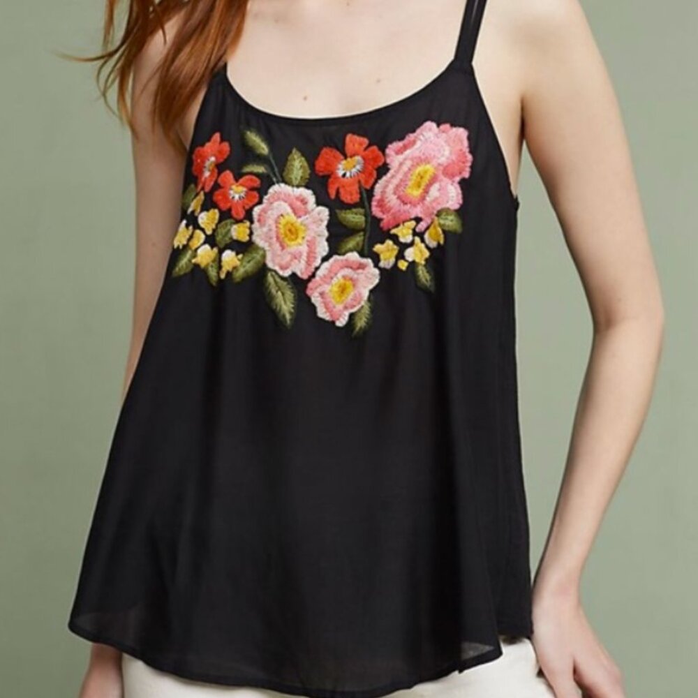 Akemi + Kin anthropologie embroidered sheer dark floral racerback tank size XS